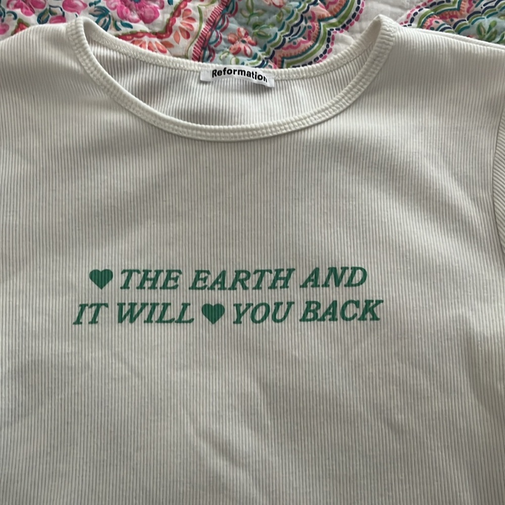Reformation White Ribbed Crop Tee with Green Script - Picture 3 of 5